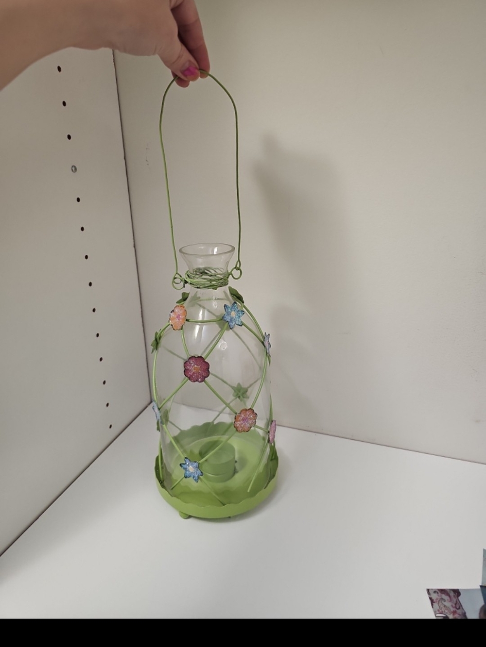 Brand New 10"H X 6"W Glass Lantern Vase with Green Glitter  Floral Wire Frame